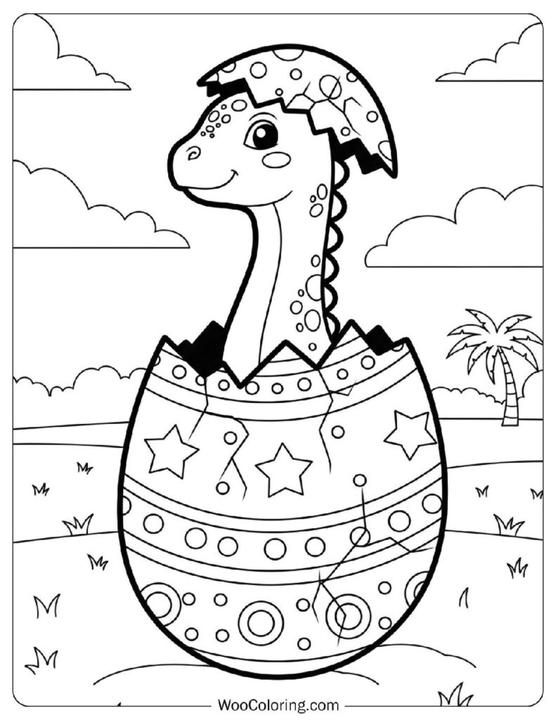 Dinosaur Hatching from a Giant Decorated Egg Coloring Sheet for Preschoolers
