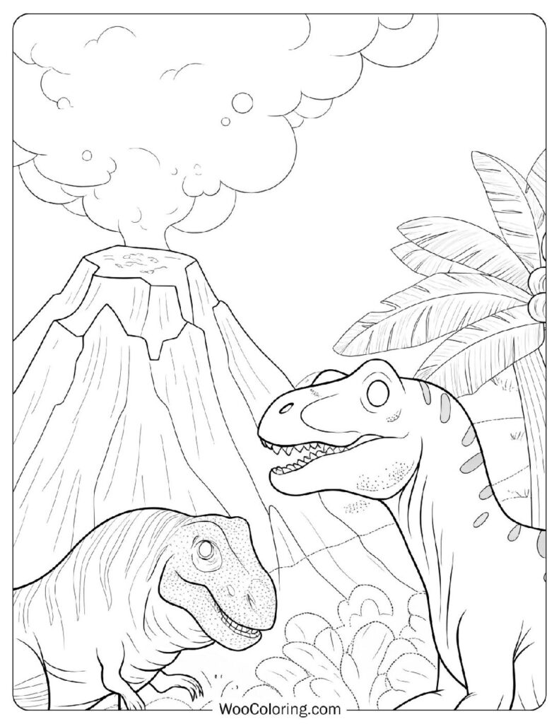 Dinosaur Volcano Eruption Coloring Page For Kids