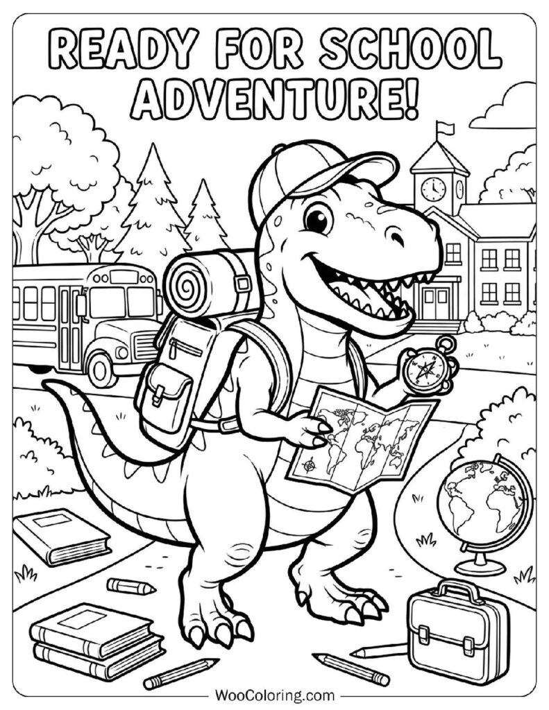 Dinosaur with Backpack Ready for School Adventure Coloring Page for Preschoolers