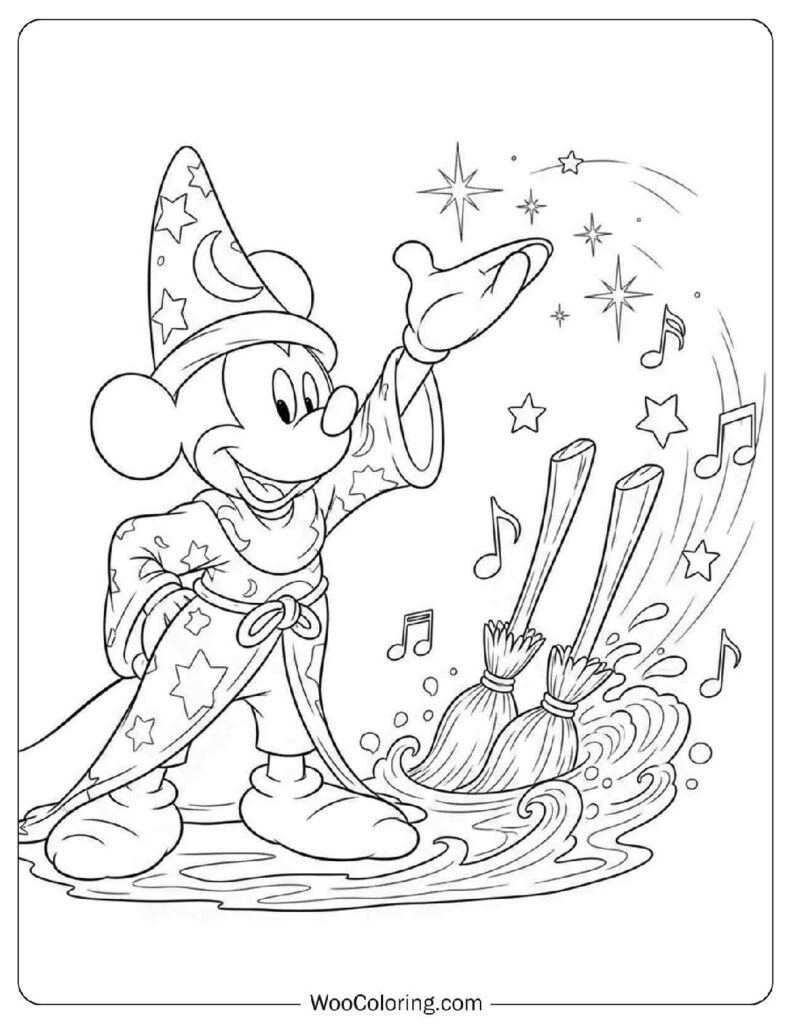 Disney Fantasia Mickey Mouse Wizard Spell Coloring Page for Kids