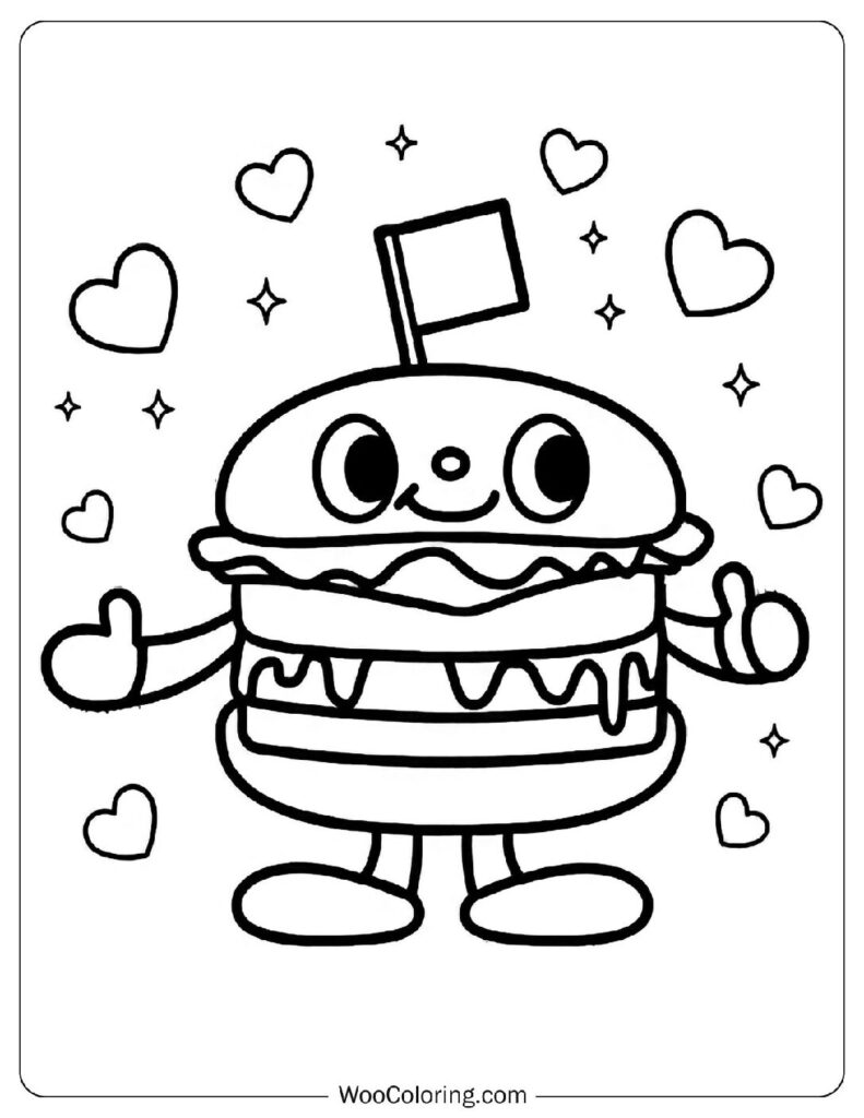 Dokidoki Yummy Chums Coloring Sheet cheerful Sanrio burger mascot enjoying a snack shop adventure