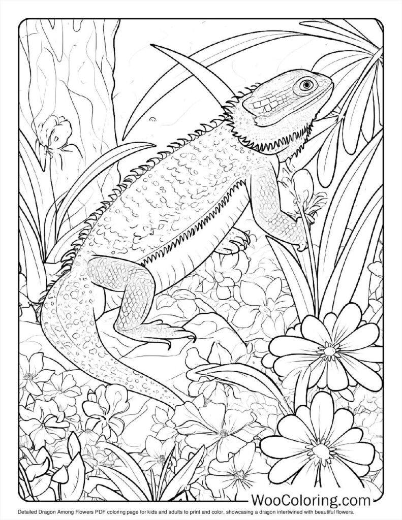 Dragon Among Flowers Coloring Page