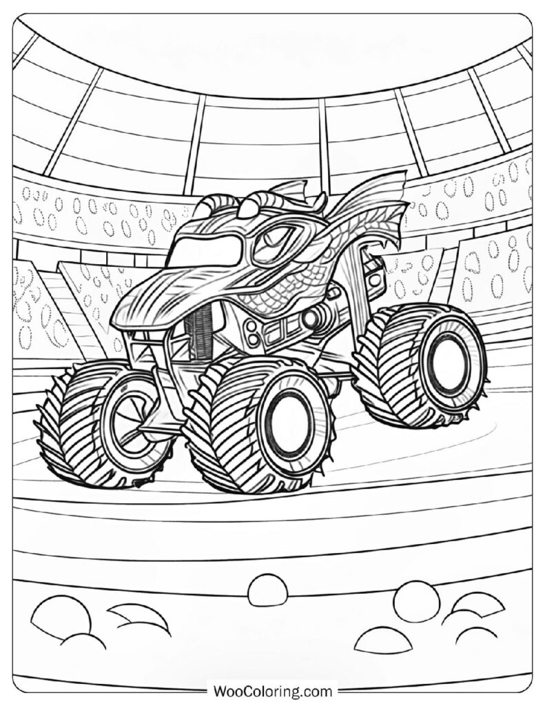 Dragon Monster Truck With Spiky Tail and Fiery Paint Racing Down the Track Coloring Sheet