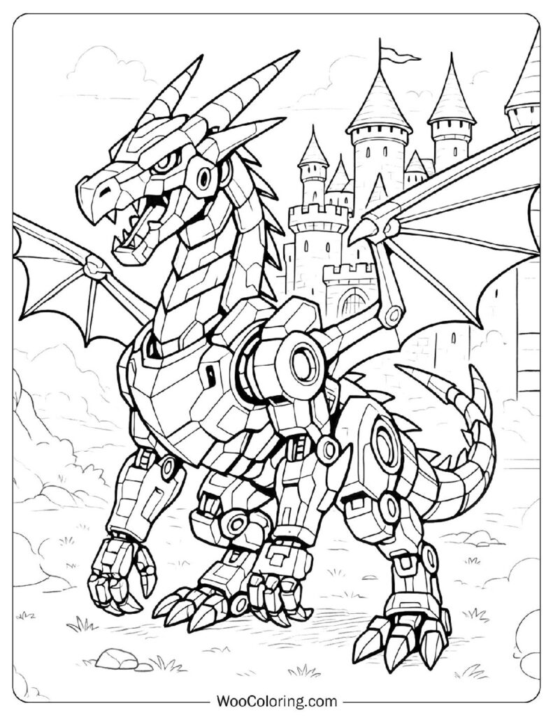 Dragon Robot Protecting the Castle Coloring Page