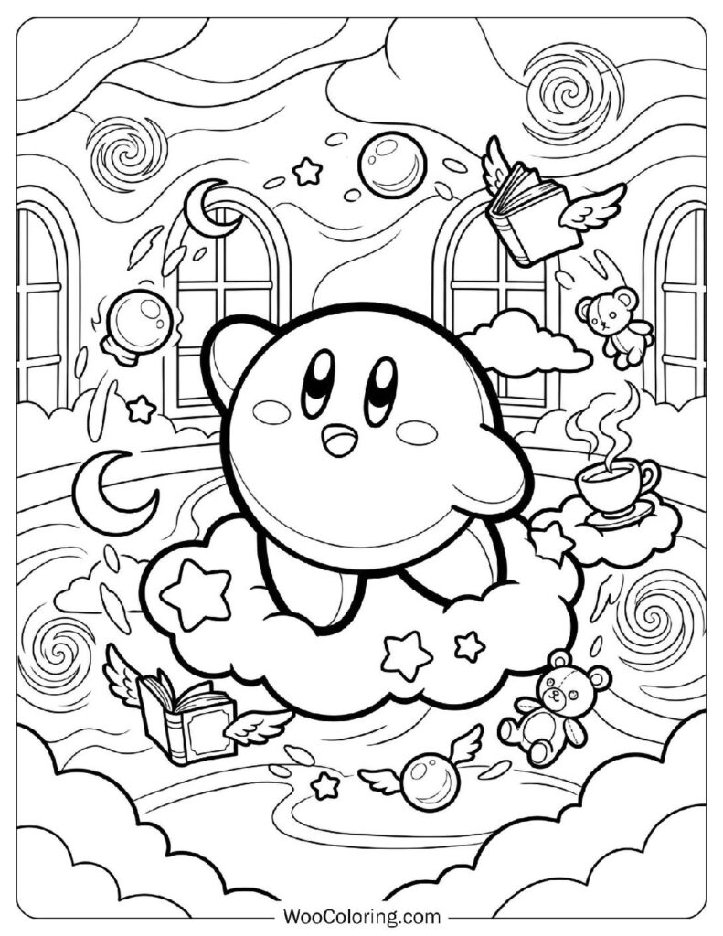 Dreamy Fantasy Room with Floating Objects and Soft Glow Coloring Sheet