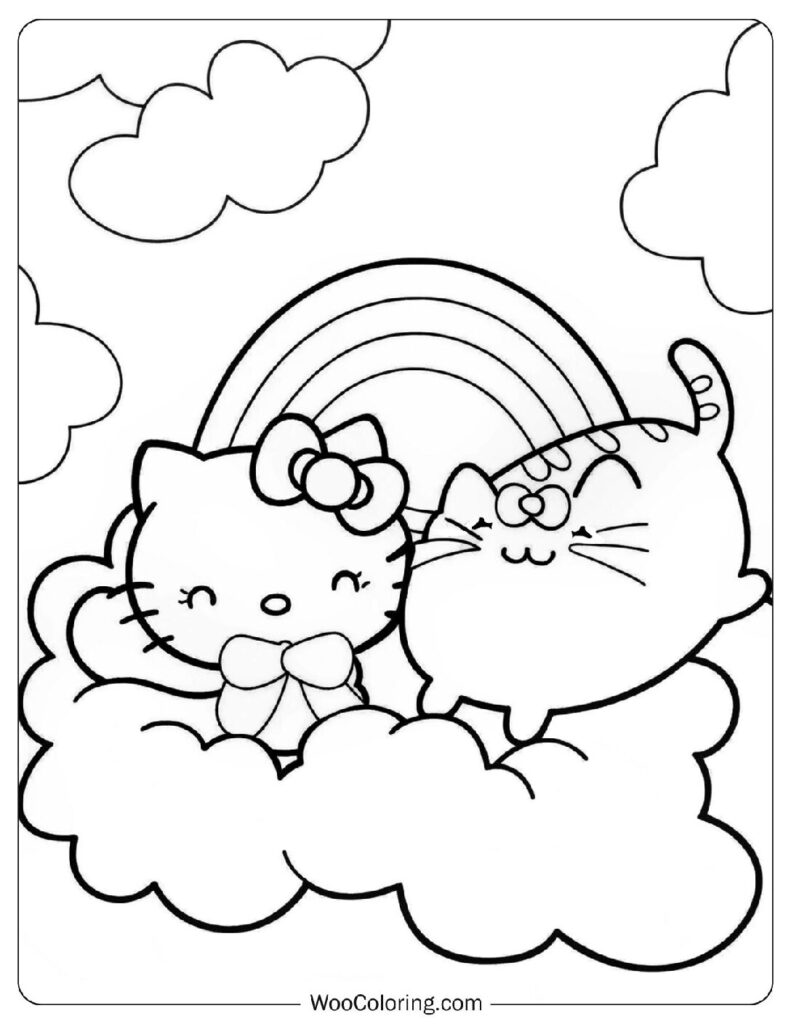 Dreamy Hello Kitty And Pusheen On A Cloud To Color