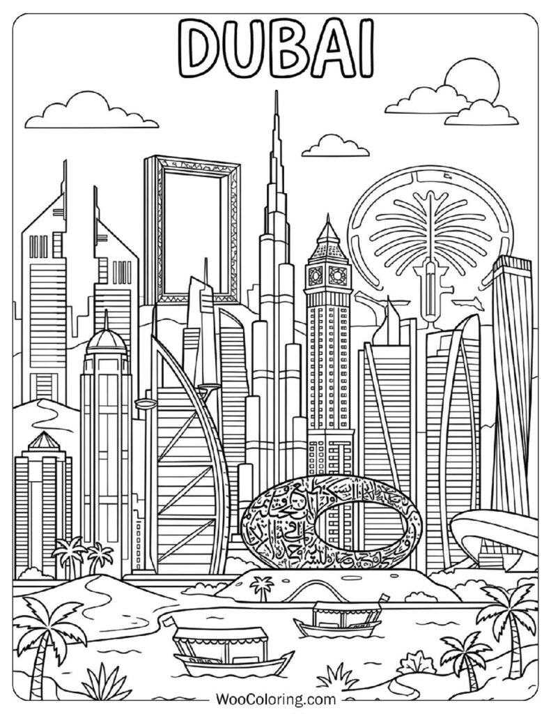 Dubai Skyline with Burj Khalifa and Downtown Architecture Coloring Picture