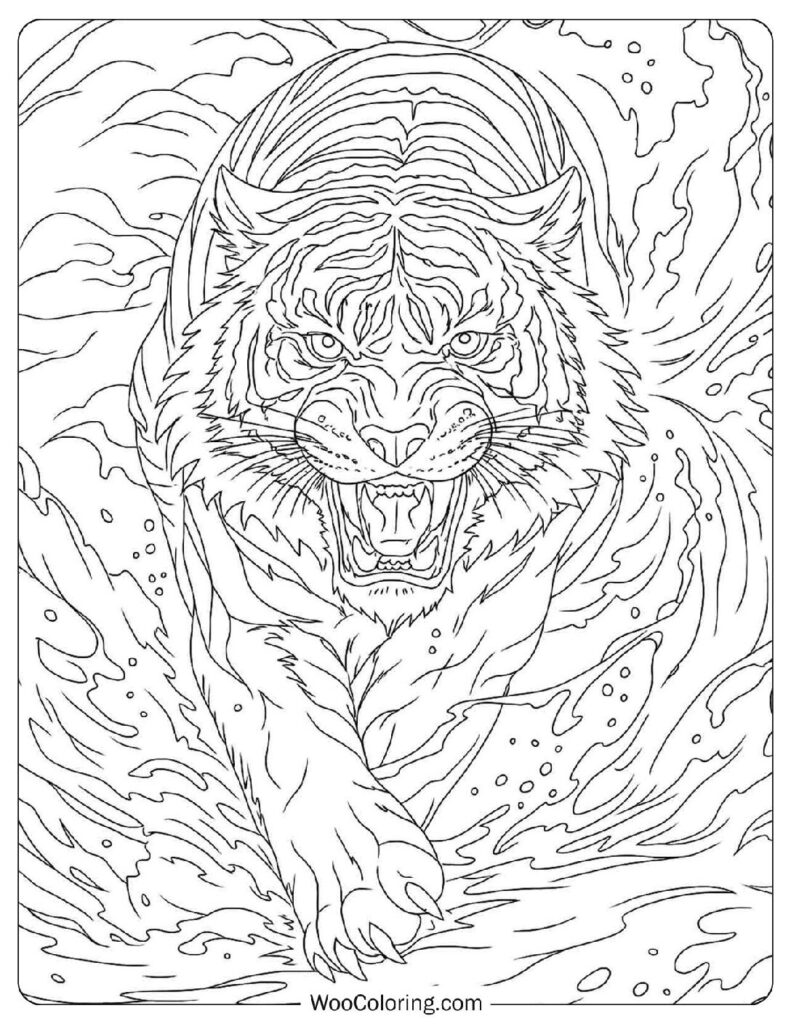 Dynamic Wild Tiger Coloring Page For Adults With Splashing Waves