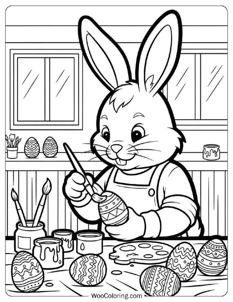 Easter Bunny Painting Eggs in a Workshop