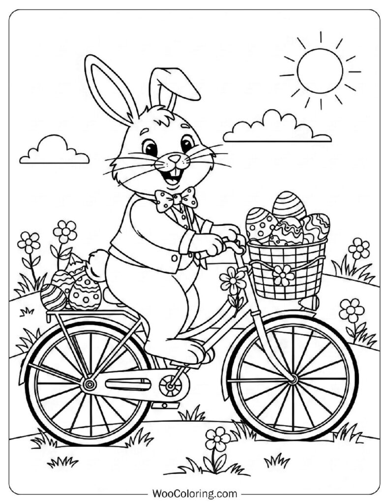 Easter Bunny Riding a Vintage Bicycle with Eggs Picture to Color