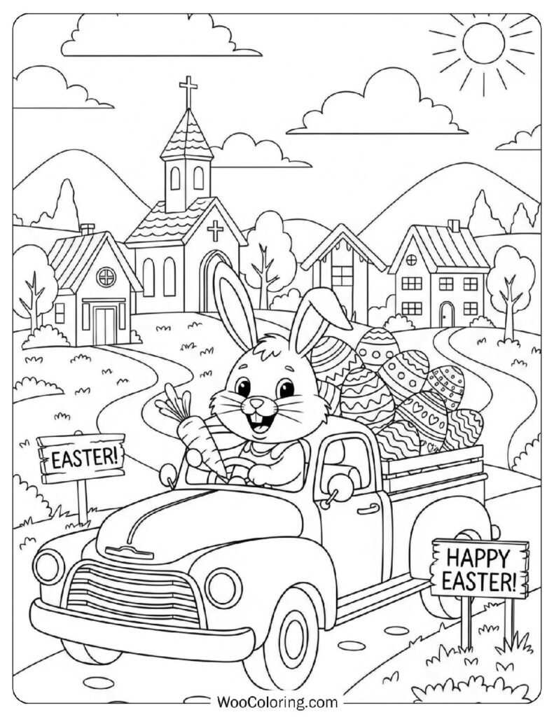 Easter Bunny Truck Delivering Eggs to the Village Coloring Picture