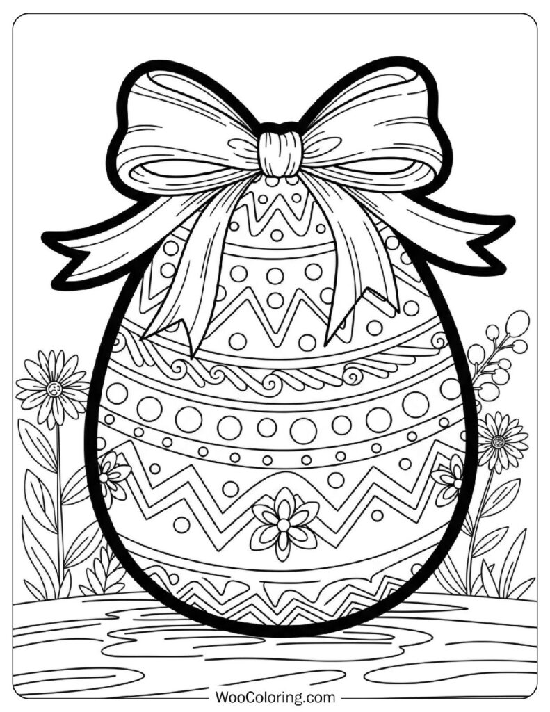 Easter Egg with a Beautiful Ribbon and Bow Coloring Sheet for Preschoolers