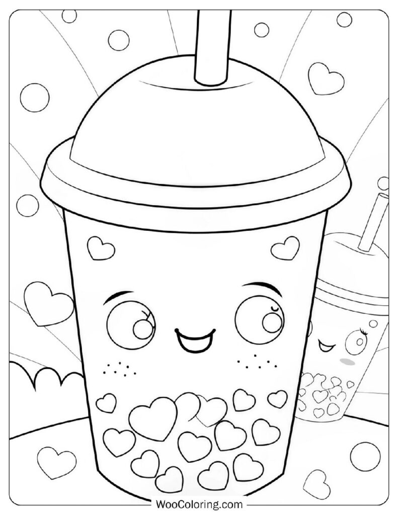Easy Boba Tea With Love Hearts Cute and Simple Coloring Page