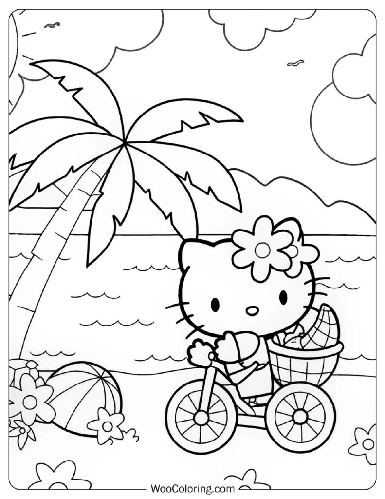 Easy Coloring Page Of Adventurous Hello Kitty Riding Bike On The Beach