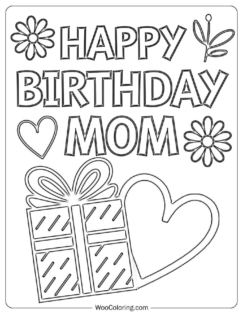 Easy Coloring Page Of Cute Happy Birthday Mom Design