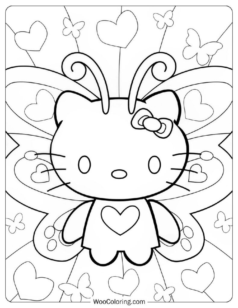 Easy Coloring Page Of Elegant Hello Kitty With Butterfly Wings