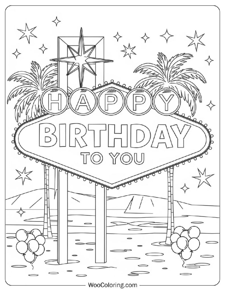 Easy Coloring Page Of Las Vegas Happy Birthday Sign With Palm Trees And Festive Stars