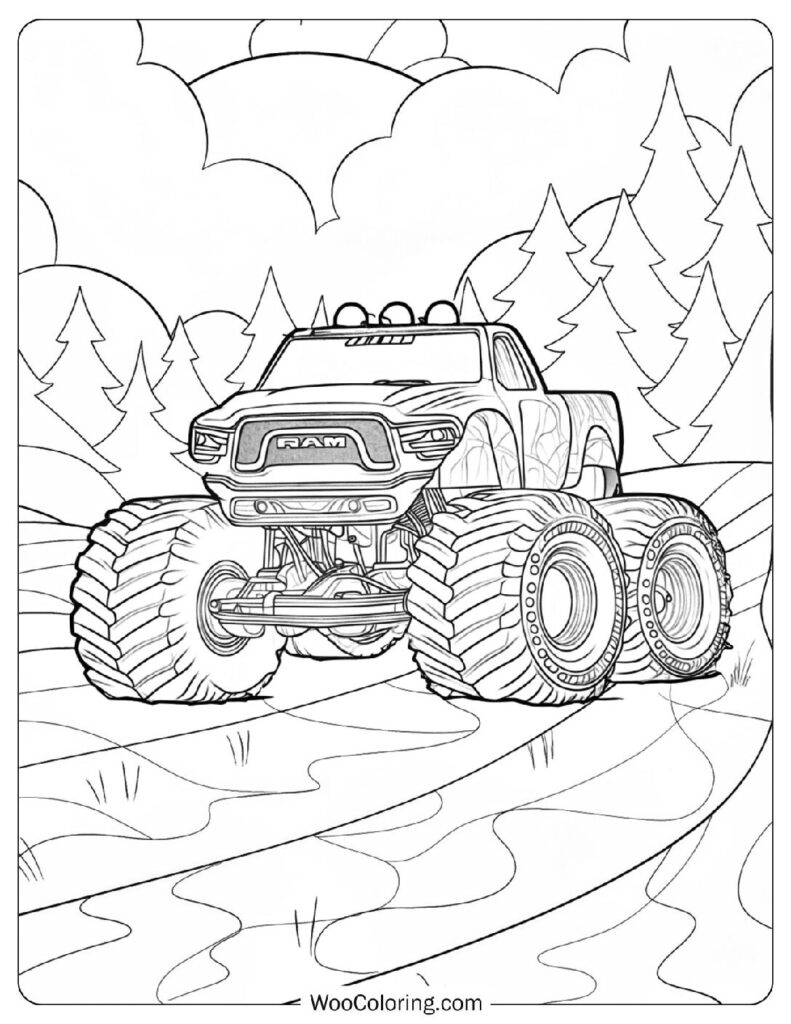 Simple Design of a RAM Branded Monster Truck Driving Across a Dirt Course in Easy Coloring Page