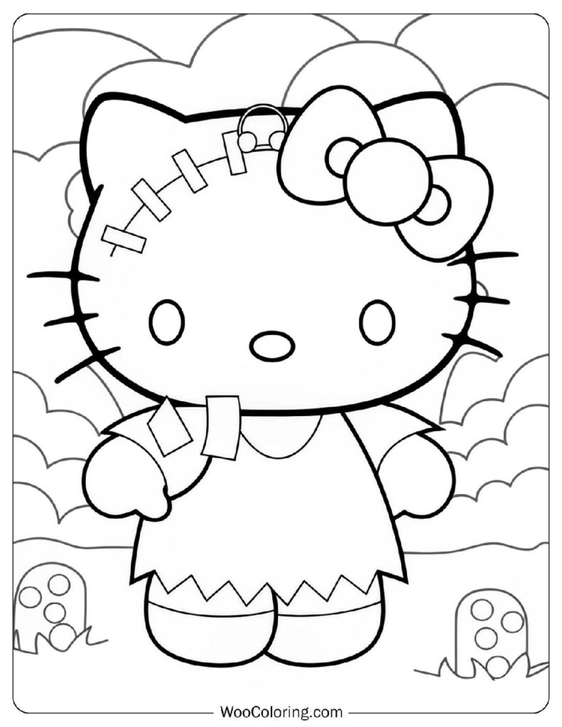 Easy Coloring Page Of Spooky Frankenstein Hello Kitty