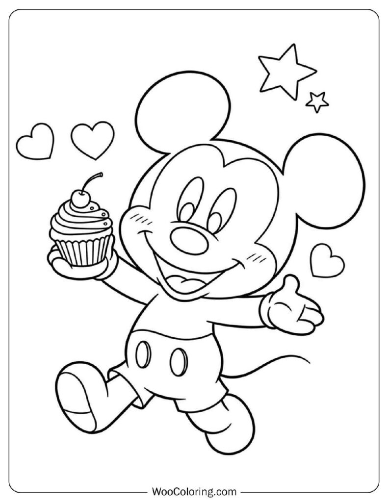 Easy Coloring Page of Cupcake Fun With Kawaii Chibi Mickey Mouse