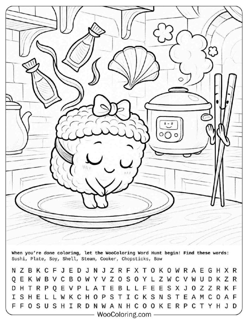 Easy Coloring Page of Cute Sushi with Bow, Rice Cooker and Chopsticks