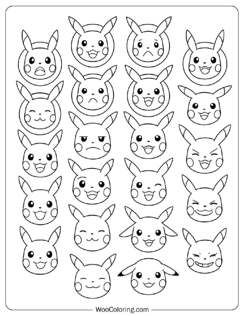 Easy Coloring Page of Pikachu Expressions Lineart