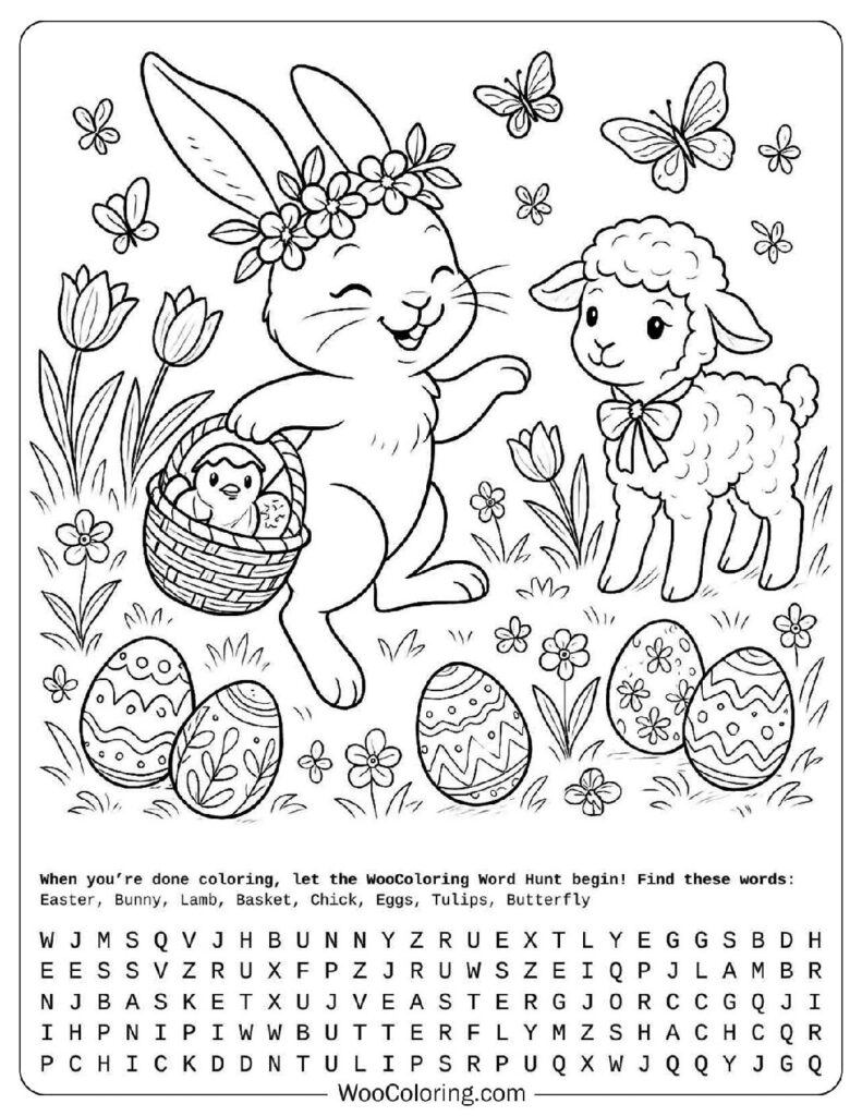 Easy Cute Easter Coloring Page with Bunny, Lamb, Chick and Eggs