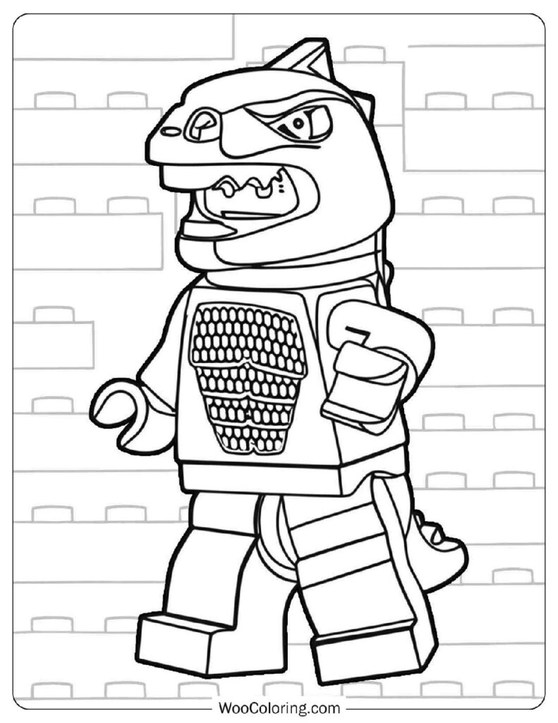 Lizard Man Also Known as Dino Man from Lego Series Roaring in Front of a Jungle Backdrop Picture to Color