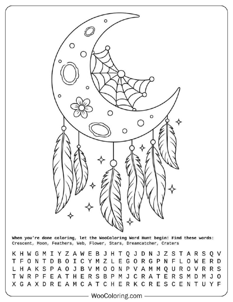 Easy Moon Dreamcatcher Scene Coloring Sheet for Preschoolers