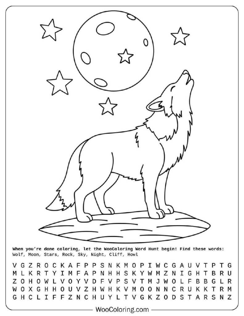 Easy Outline Coloring Page of Cute Wolf Howling at Moon