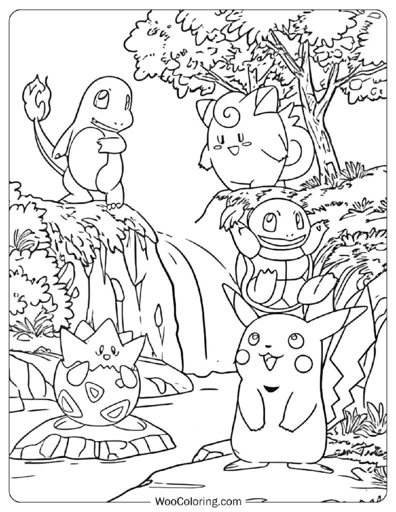 Easy Outline Pokémon With Pikachu, Squirtle, Charmander, Togepi And Clefairy