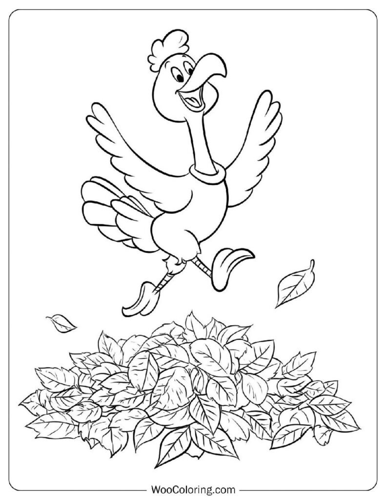 Easy and Cute Turkey Coloring Page with Autumn Leaves