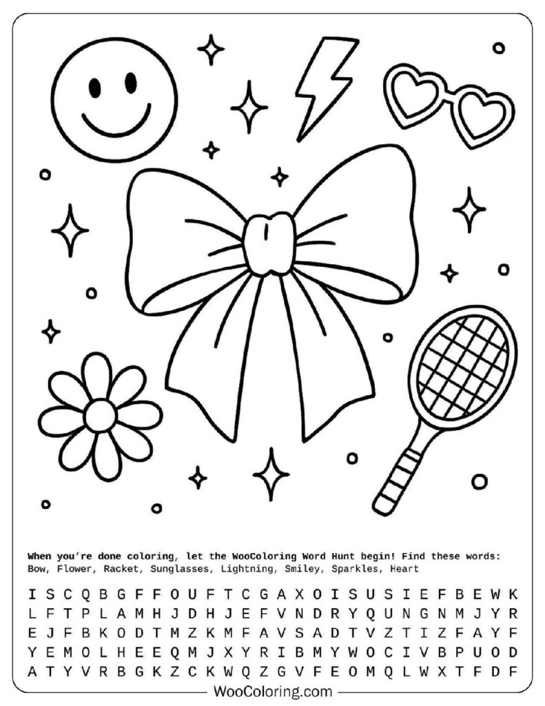 Easy and Simple Preppy Coloring Page with Bows, Hearts, and Smiles