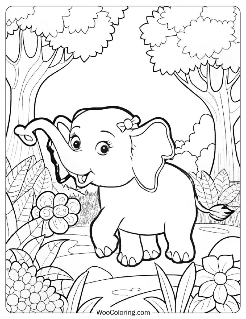 Ella the Elephant Coloring Page with a Cheerful Expression