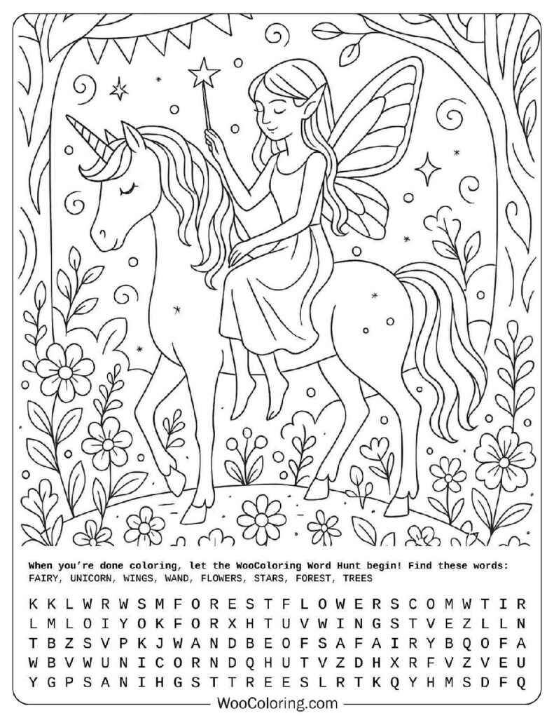 Fairy And Unicorn Coloring Page
