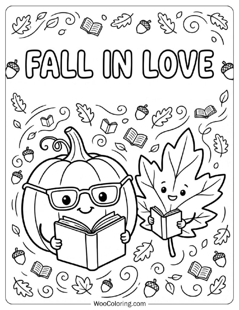 Fall in Love with Reading Text with Cartoon Pumpkin and Leaf