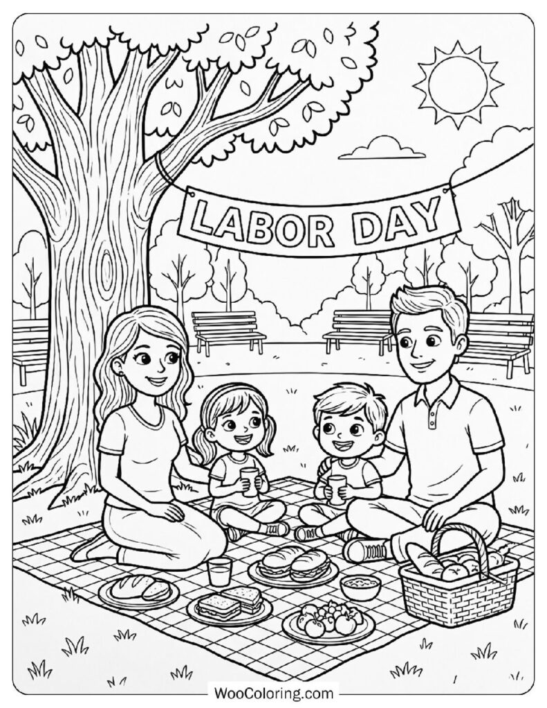 Family Enjoying Relaxing Labor Day Picnic in the Park