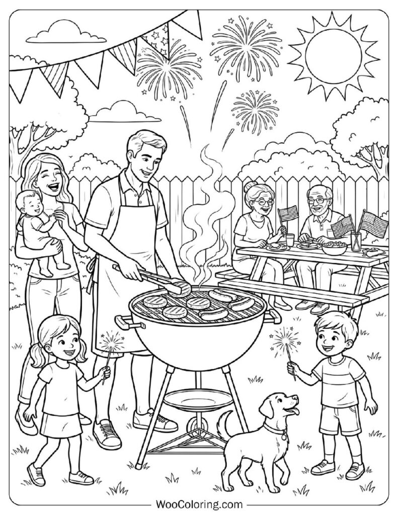 Family Gathering Around the Grill on a Sunny 4th of July