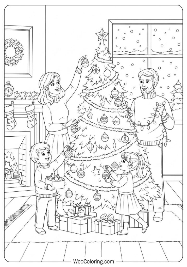 Family Hanging Ornaments on a Christmas Tree Inside Their Living Room