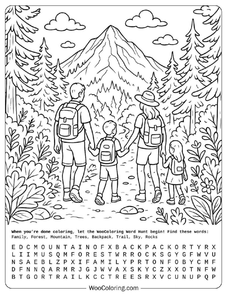 Summer coloring page of family hiking through forest trail toward mountain under sunny sky