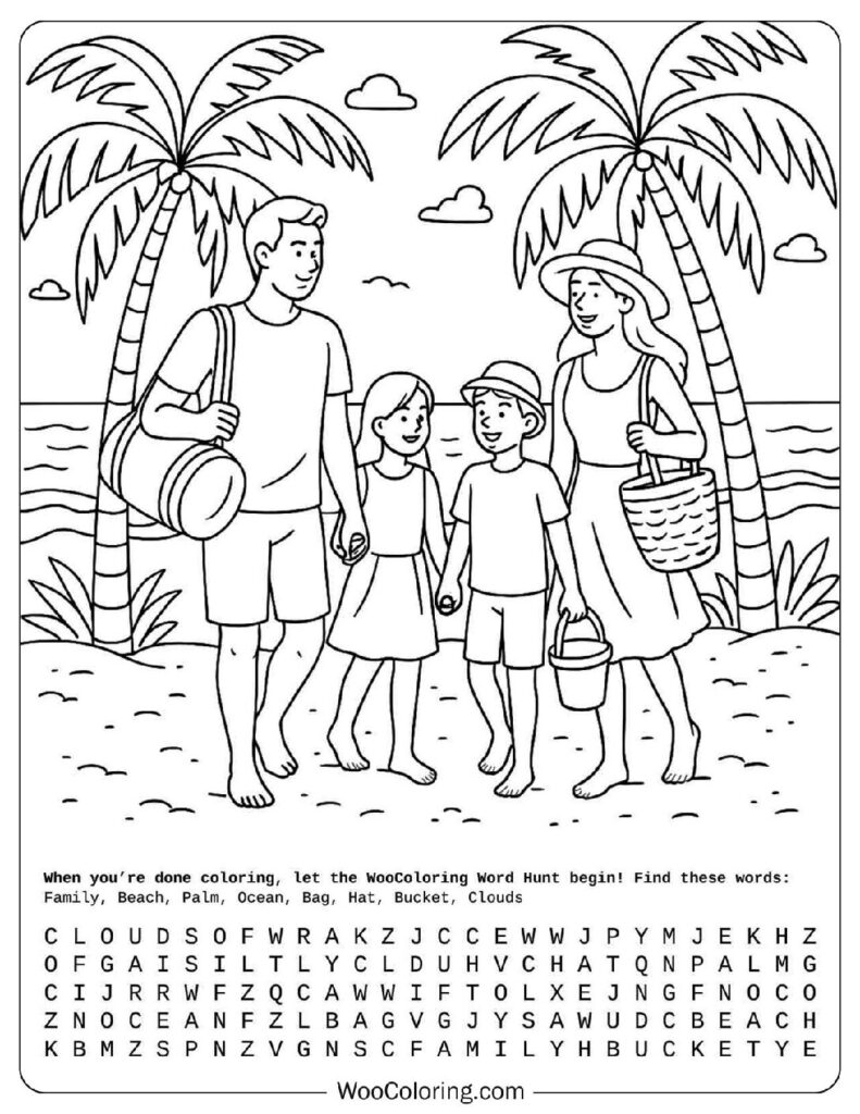 Family walking on beach with bags and bucket under palm trees in summer coloring page