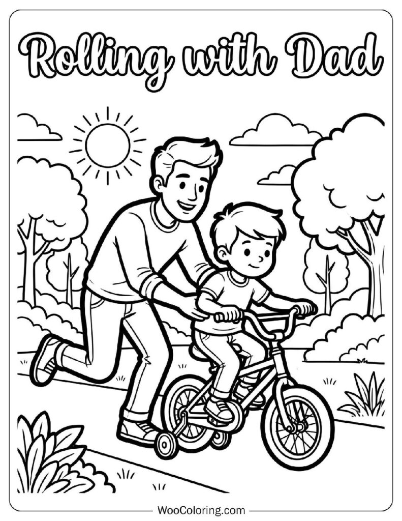 Father Teaching Son to Ride a Bicycle on Sunny Day Coloring Sheet for Preschoolers