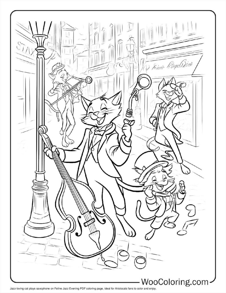 Feline Jazz Evening Coloring Page For Kids