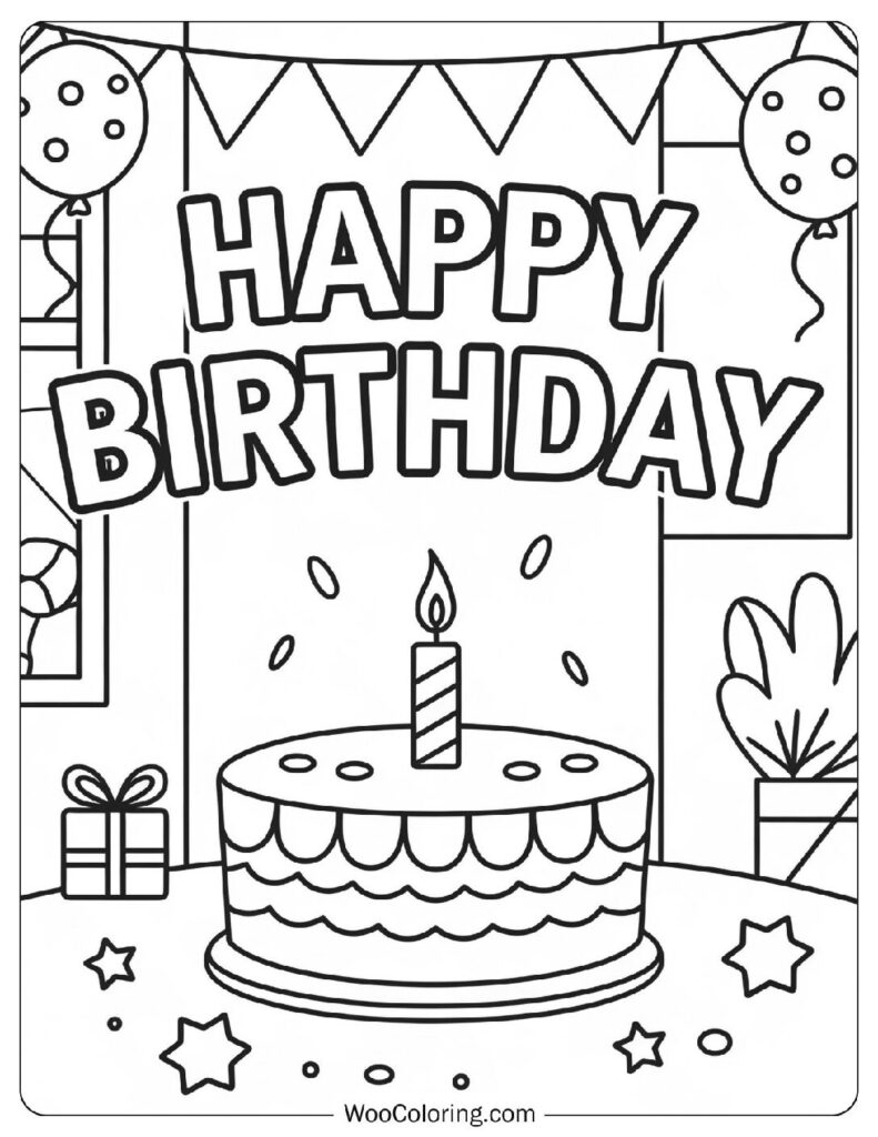 Festive Happy Birthday Cake With Party Decor Coloring Sheet For Preschoolers