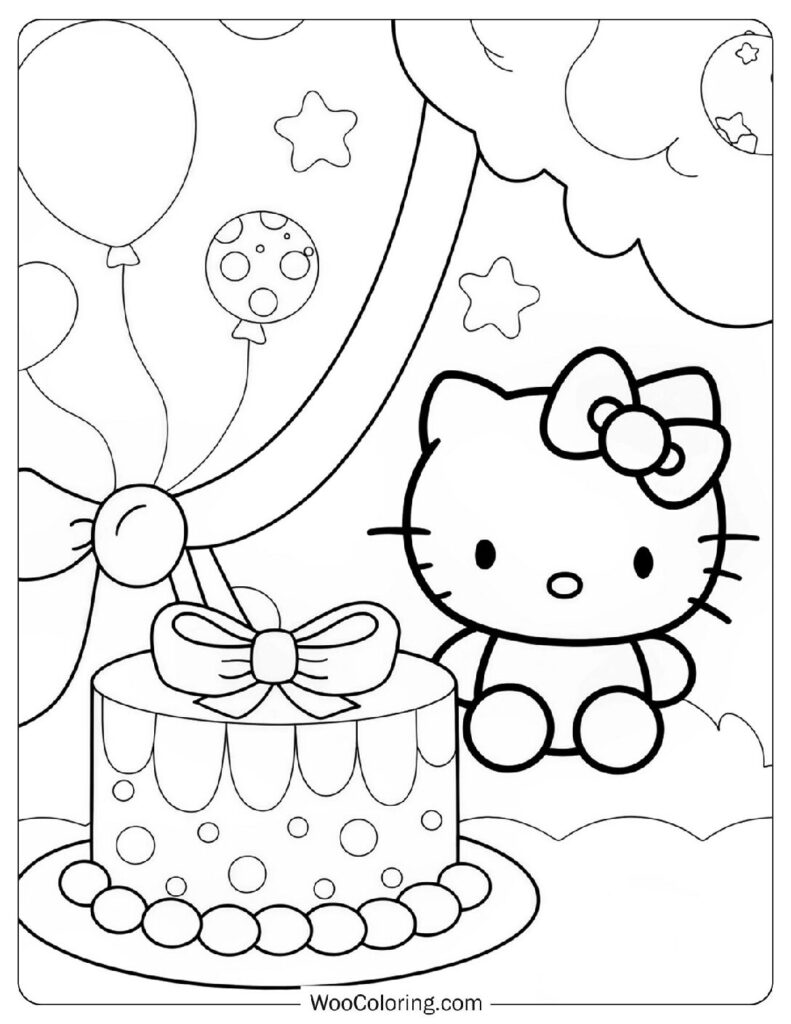 Festive Happy Birthday Hello Kitty Coloring Sheet For Preschoolers