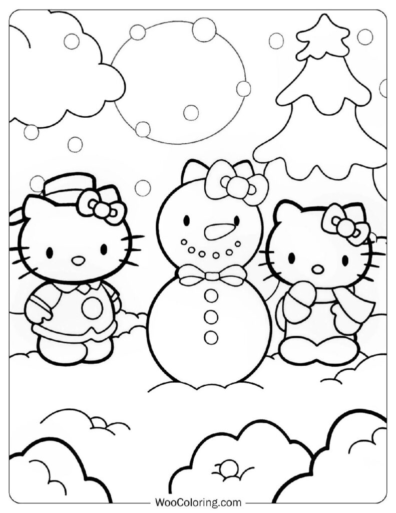 Festive Hello Kitty And Mimmy Making Christmas Snowman Coloring Sheet