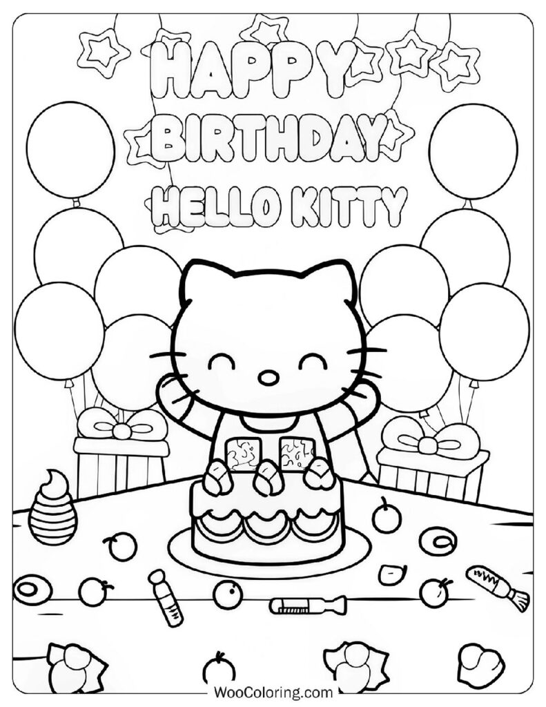 Festive Hello Kitty Happy Birthday Greeting Coloring Page For Preschoolers