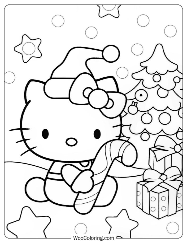 Festive Hello Kitty Holding Candy Cane On Christmas Coloring Page