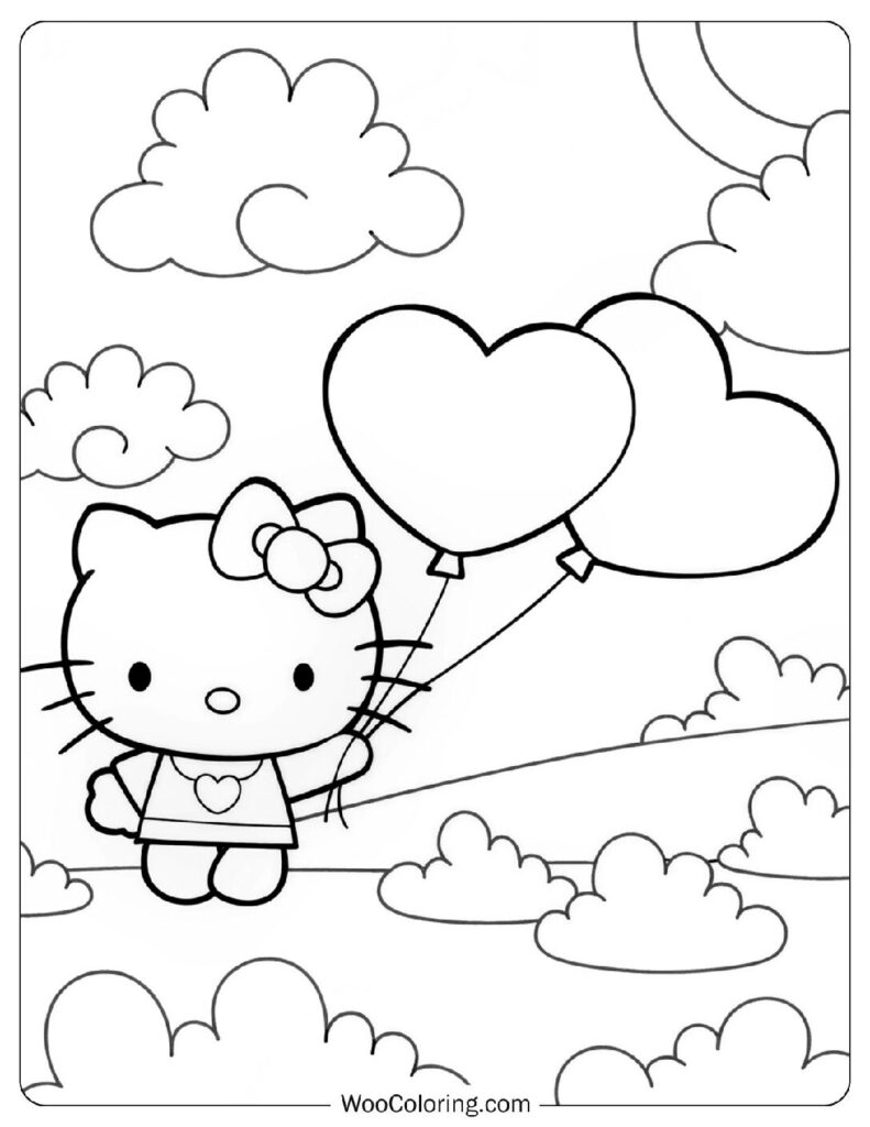 Festive Hello Kitty Holding Heart Balloons Coloring Sheet For Preschoolers