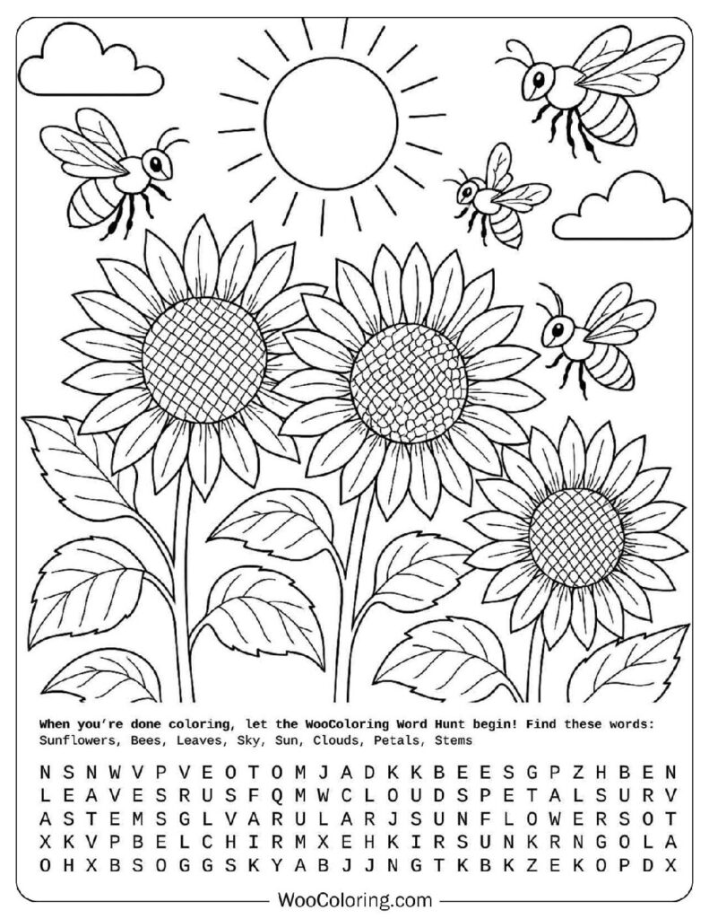 Summer coloring page of sunflowers and buzzing bees under bright sun and clouds